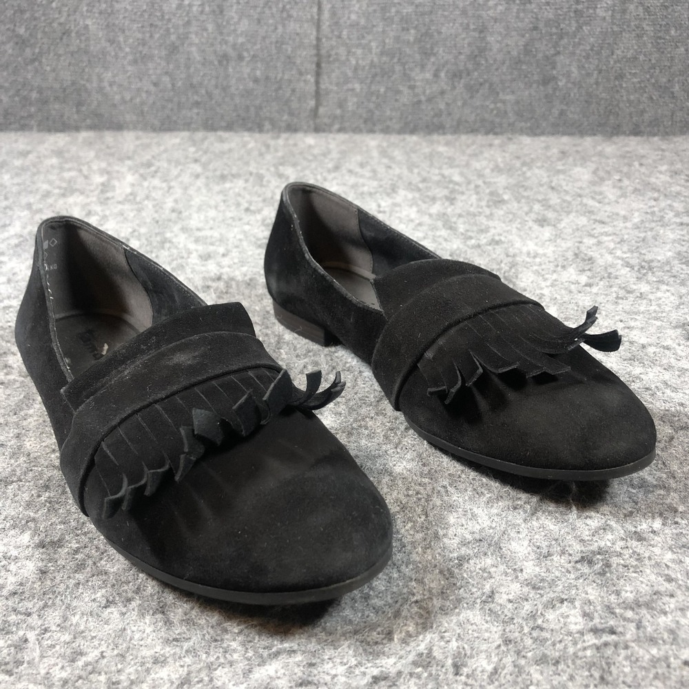 Tamaris Shoes Womens Size 8.5 Black‎ Suede Fringe Slip On Loafers Comfort